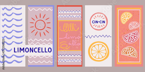 Bright and playful limoncello advertisement with citrus slices and wavy patterns