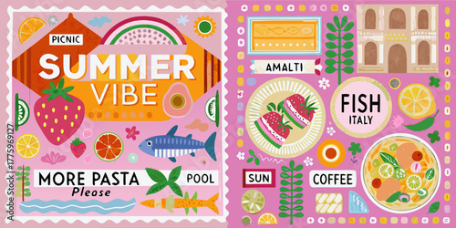 Behang Summer vibe collage featuring italian food amalfi coast architecture and picnic