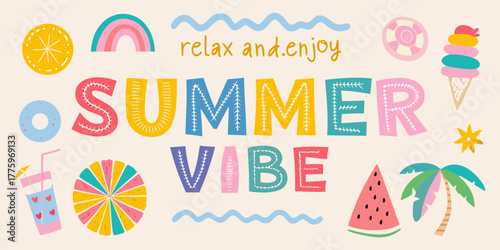 Bright and cheerful summer vibe with colorful illustrations and text