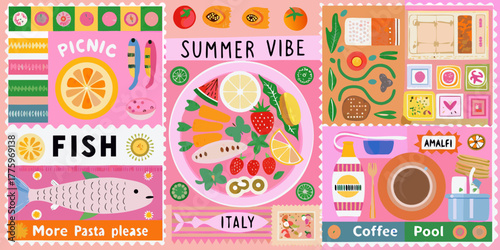 Vibrant italian summer picnic collage featuring food fish and amalfi coast vibes