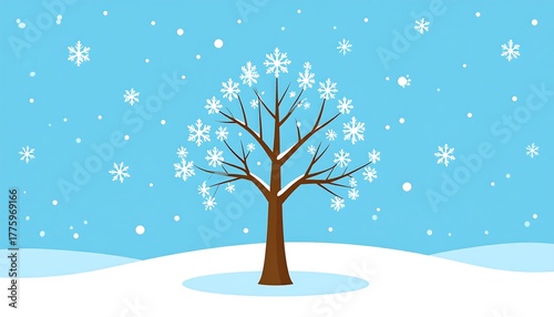 A winter cartoon scene depicting a tree with snowflakes on its branches set against a snowy, blue background