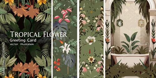 Exotic tropical flower arrangements and botanical garden bath scene vector illustration