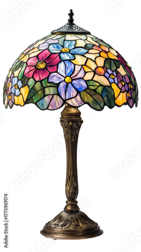 Colorful floral Tiffany table lamp close-up  
