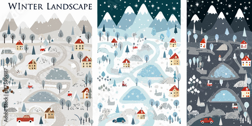 Charming winter village landscapes with snow covered mountains and cozy houses