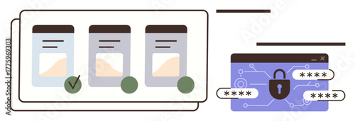 File selection interface with checkmarks alongside secured login window featuring encrypted password lock. Ideal for digital security, access management, user authentication, protected data sharing