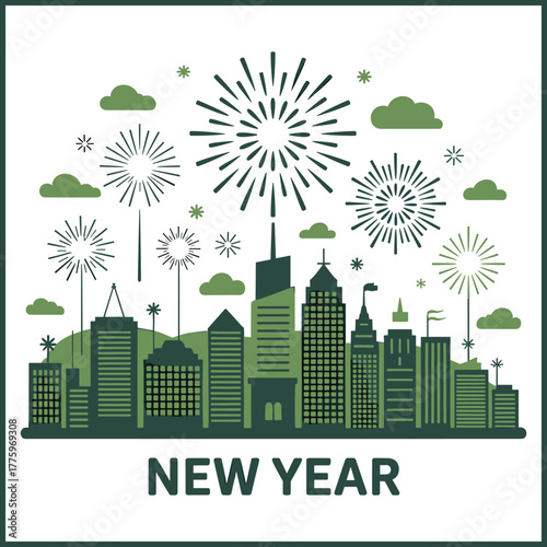 vector illustration of city skyline powered by renewable energy sources celebrating New Year