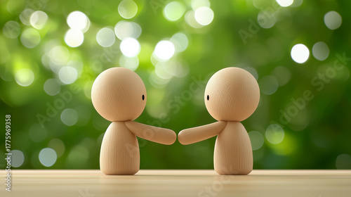 Wooden figurine handshake friendship tender connection in nature with bokeh light, warm sympathetic mood and simple minimal composition