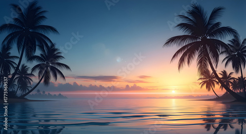 Tropical Beach Sunset: Palm-Fringed Horizon with Calm Waters and Warm Glow

