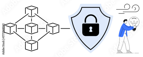 Blockchain network connected to a security shield lock. Man carrying glowing lightbulb in wind. Ideal for technology, cybersecurity, decentralization, innovation, sustainability, creativity