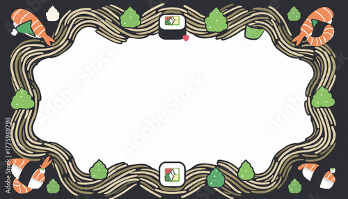 Sushi Frame with Noodles, Shrimp, and Wasabi A Tasty Border for Your Content