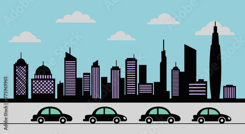 Modern city skyline with cars driving on a highway under a cloudy blue sky.