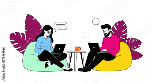 Two people collaborating remotely on laptops while relaxing on beanbag chairs, surrounded by tropical leaves.