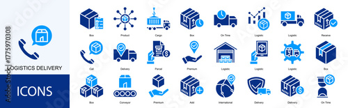Logistics Delivery icon collection set. Containing Box, Product, Cargo, On Time, Logistic, Receive, Call, Delivery icon