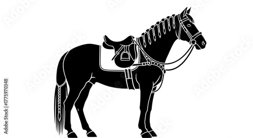 Majestic silhouette of a saddled horse standing proudly on a white background