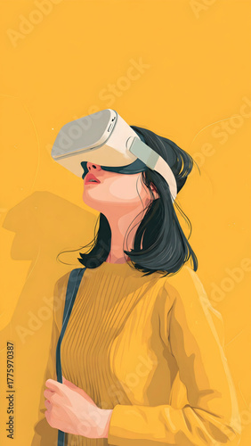 Immersive virtual reality experience a modern woman with a sleek head-mounted display device explores digital worlds, symbolizing future technology, connectivity, and innovative user engagement