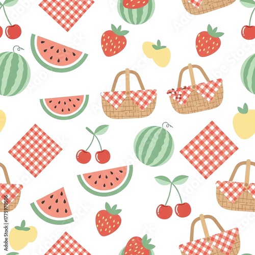 Whimsical Summer Picnic Pattern: Watermelon, Strawberries, Cherries, and Baskets on White