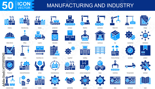 Manufacturing and Industry icon collection set. Containing industry,  Manufacturing, factory, production, conveyor, Machine, automation icon
