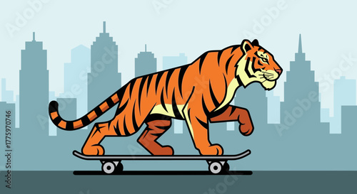 Energetic tiger skillfully rides a skateboard through a stylized urban cityscape.