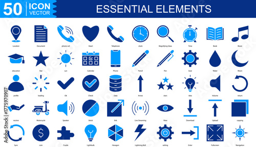 Essential Elements icon collection set. Containing Location, Document, phone call, Heart, Telephone, clock icon