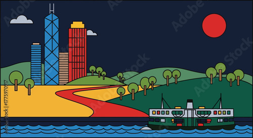 Hong kong skyline vector illustration with ferry and cityscape view editable vector