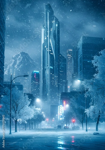 A nighttime view of a snow-covered city street, with glistening snow reflecting the glow of streetlights.