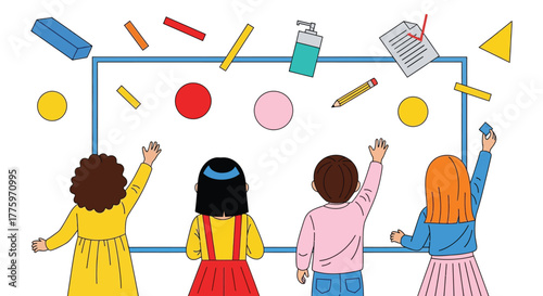 Children learning shapes in classroom education illustration art editable vector