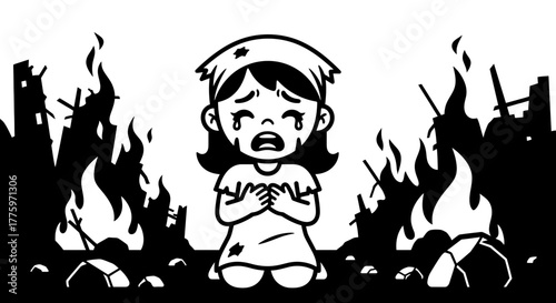 Distraught child cries amidst burning destruction and ruins