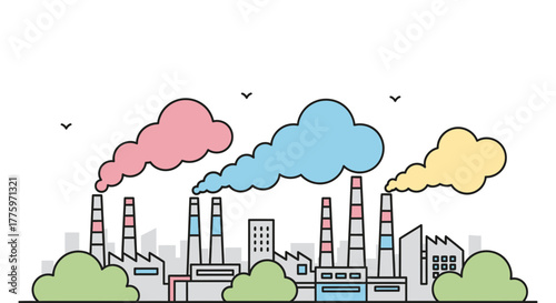 Industrial factory chimneys releasing colorful smoke into the sky, symbolizing pollution.