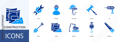 CONSTRUCTION icon collection set. Containing Tools, Employee, Hammer, drill, Shovel icon