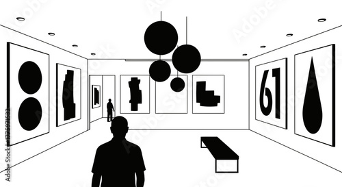 Lone visitor contemplates modern abstract art in a minimalist gallery space