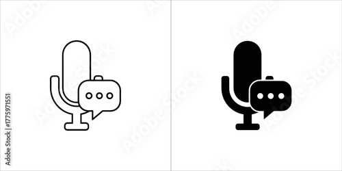 Two icons of a microphone with a speech bubble, one outlined and one solid black