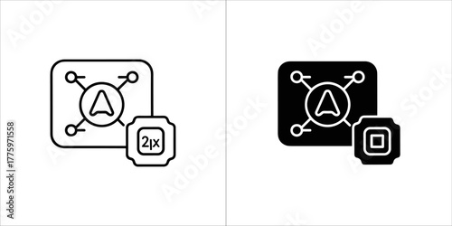 Two icons representing a cpu chip and a 2x zoom icon