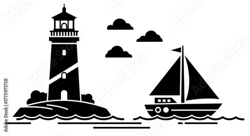 Iconic lighthouse guides a sailboat across the sea under cloudy skies.