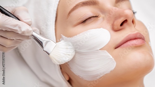 Professional applying a white facial mask to a woman s skin with a brush