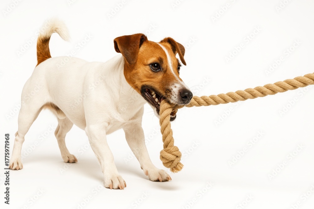 Fototapeta premium Jack Russell Terrier lively tug stance holding a plain rope toy between teeth paws planted tail up three quarter angle