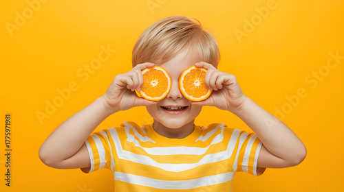 Playful child holding orange slices over eyes and smiling joyfully against bright yellow background, expressing fun, freshness, and healthy lifestyle with vibrant citrus color and cheerful energy
