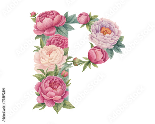Watercolor Letter P with flower vector illustration isolated on white background