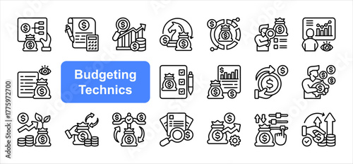 Budgeting techniques icon set with Planning, Analysis, Allocation, Monitoring, Evaluation, Optimization, Efficiency simple line vector.