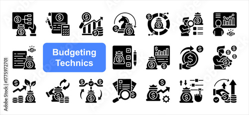 Budgeting techniques icon set with Planning, Analysis, Allocation, Monitoring, Evaluation, Optimization, Efficiency simple vector.
