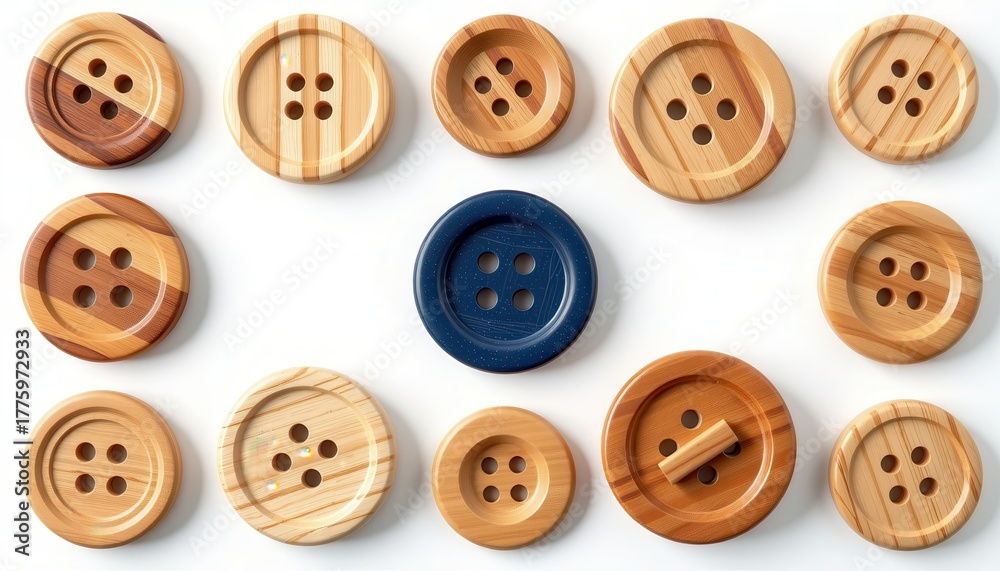 Fototapeta premium Assorted Wooden Buttons in Various Shapes and Colors on White Background for Craft and Sewing Uses