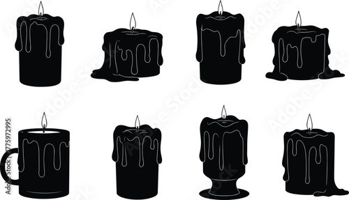Melting candle silhouettes with dripping wax and soft flames symbolizing light, calm, meditation, relaxation, and vintage gothic decor illustration concept