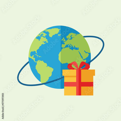 Earth globe wrapped with gift box and ribbon on light background  