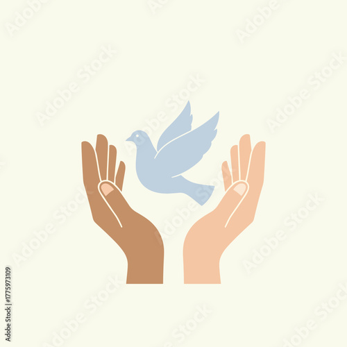 Two hands of different skin tones holding a flying dove  