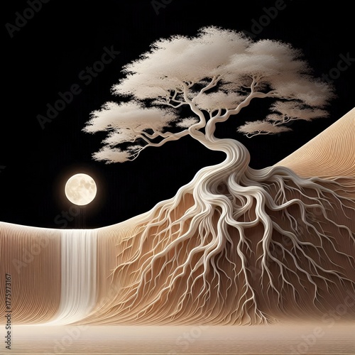 Tree of Life with Flowing Roots and Moonlit Waterfall – Surreal Desert Landscape

