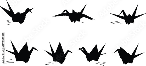 Origami crane silhouette collection featuring flying paper bird designs, minimal Japanese art style, symbolizing peace, creativity, and elegant paper craftsmanship.