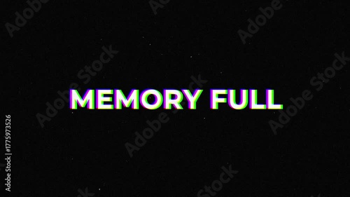 Rotation Text Animation Memory Full Glitch Effect Digital Error Data Storage suitable for tech warnings, digital art, or system failure concepts.