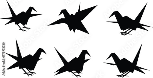 Set of origami paper bird silhouettes, geometric shapes representing creativity, minimal art, handmade craft, Japanese paper folding animal collection illustration