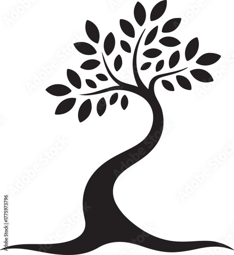Stylized Black Silhouette of a Tree with Curving Trunk and Leaves
