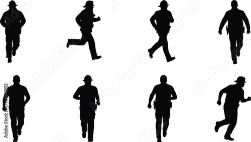 Silhouette collection of firefighters running and walking, emergency rescue workers in motion, safety profession illustration, hero teamwork concept, and fire service design