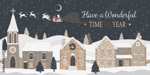 Charming snowy village scene with santa claus flying in sleigh above buildings and church